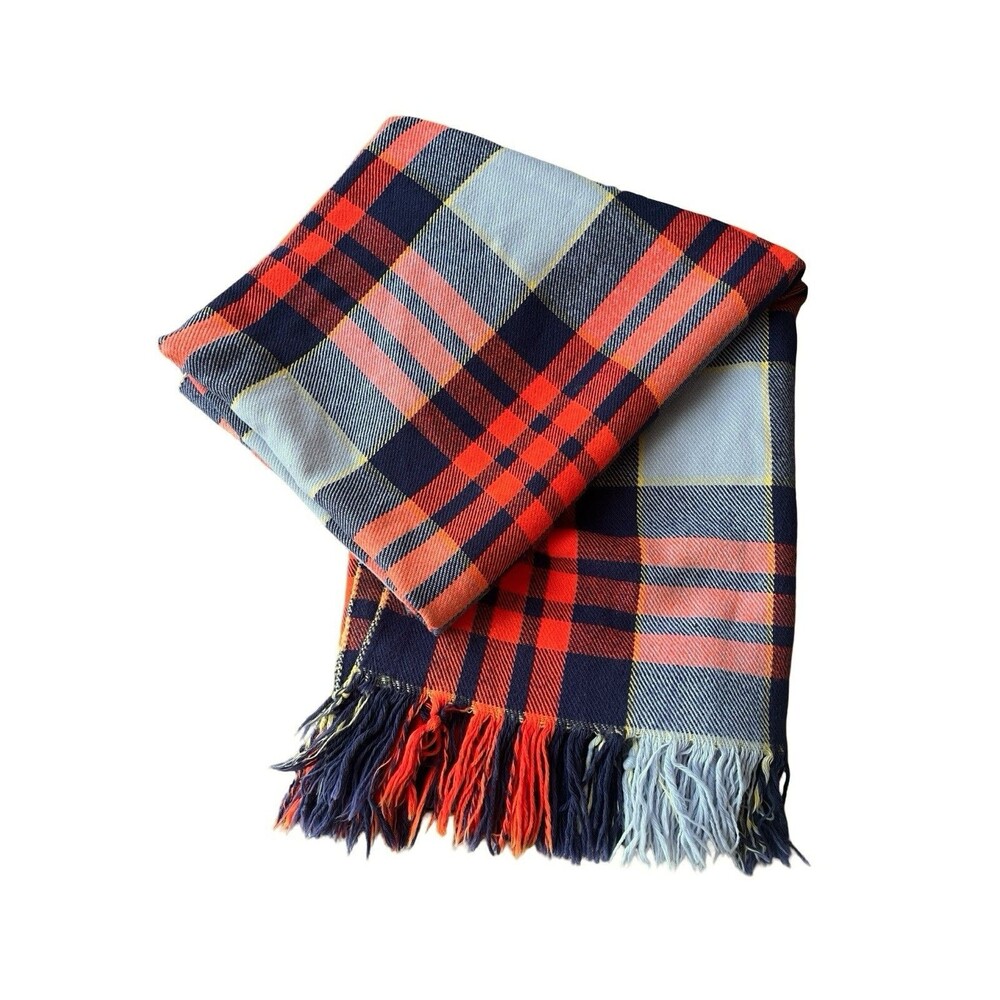 Vintage Plaid Throw Blanket Fringe Red Blue Gray Orange 52x67 Cabin Rustic Decor